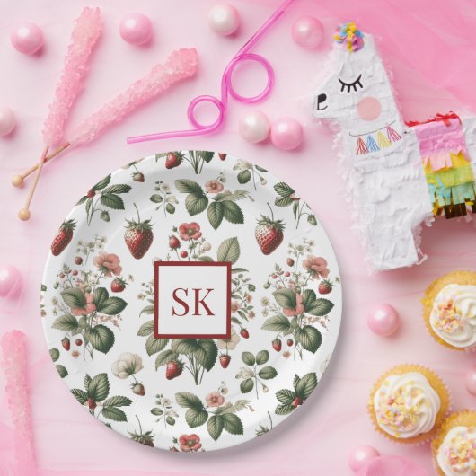 Sweet Strawberry & Floral Muster Custom Monogram Pappteller (Party)