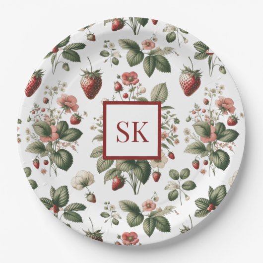 Sweet Strawberry & Floral Muster Custom Monogram Pappteller (Vorderseite)