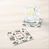 Sweet Strawberry & Floral Muster Custom Monogram Rechteckiger Pappuntersetzer (Vor Ort)