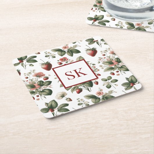 Sweet Strawberry & Floral Muster Custom Monogram Rechteckiger Pappuntersetzer (angewinkelt)