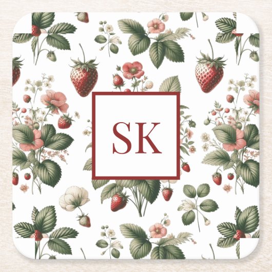 Sweet Strawberry & Floral Muster Custom Monogram Rechteckiger Pappuntersetzer (Vorderseite)