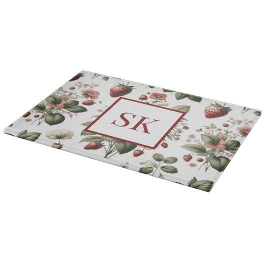 Sweet Strawberry & Floral Muster Custom Monogram Schneidebrett (Ecke)