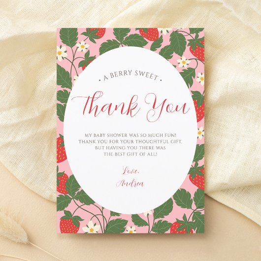 Sweet Strawberry Floral Vine Pink Girl Babydusche Dankeskarte