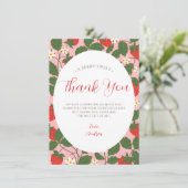 Sweet Strawberry Floral Vine Pink Girl Babydusche Dankeskarte (Stehend Vorderseite)