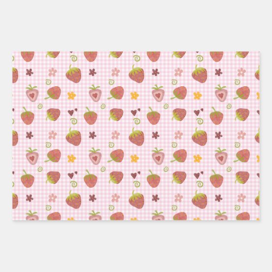 Sweet Strawberry Herz Karierter Hintergrund Geschenkpapier Set (Vorderseite)