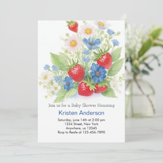 Sweet Strawberry Meadow Boy Baby Dusche Einladung (Stehend Vorderseite)