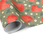Sweet Strawberry Meadows Cute Fruit in Olive Green Geschenkpapier (Rolleneckpunkt)