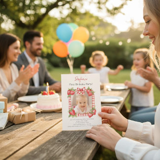 Sweet Strawberry Photo Card First Birthday Einladung