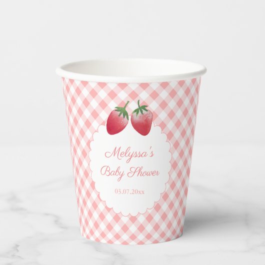Sweet Strawberry Pink Gingham Picnic Baby Dusche Pappbecher (Vorderseite)