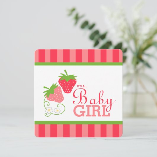 Sweet Strawberry Pink und Green Baby Dusche Einladung (Stehend Vorderseite)