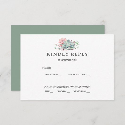 Sweet Succulent Pink Green Wedding RSVP Einladung (Vorne/Hinten)