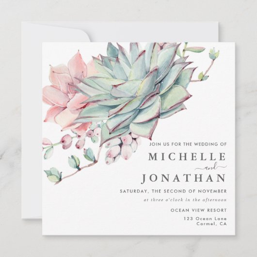 Sweet Succulents Pink Green Wedding Einladung (Vorderseite)