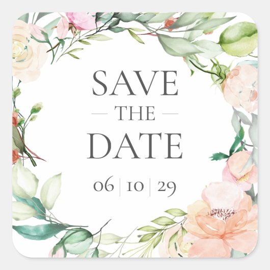 Sweet Summer Rose Garland Save the Date Quadratischer Aufkleber (Vorderseite)