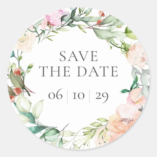 Sweet Summer Rose Garland Save the Date Runder Aufkleber (Vorderseite)