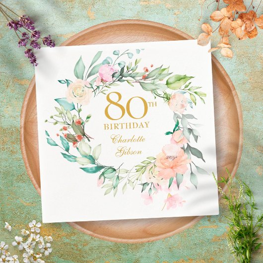 Sweet Summer Roses Garland 80th Birthday Serviette