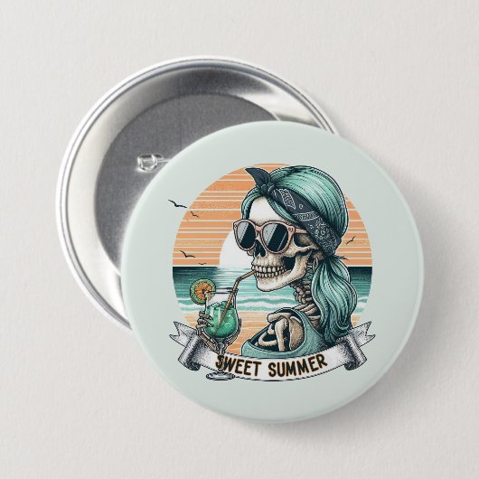 Sweet Summer Skeleton Retro Sunset Design Button (Vorne & Hinten)