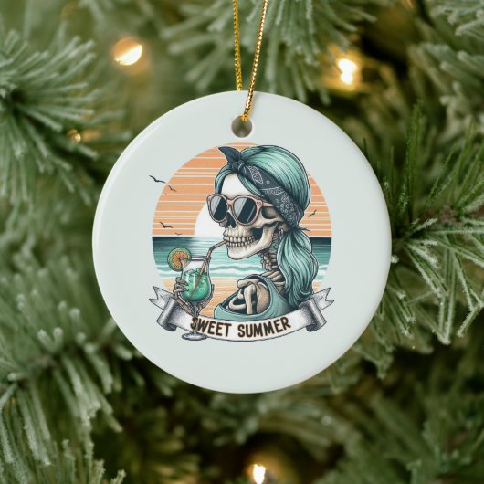 Sweet Summer Skeleton Retro Sunset Design Keramik Ornament (Baum)