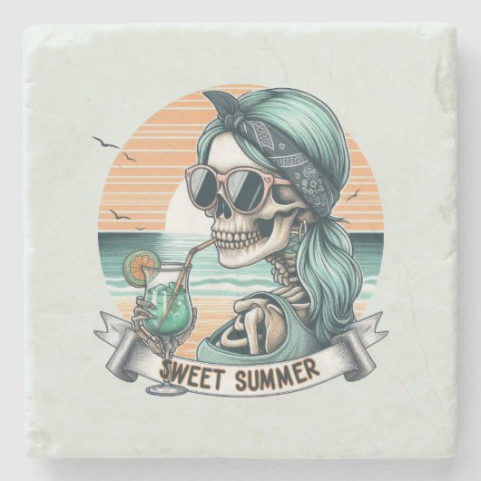 Sweet Summer Skeleton Retro Sunset Design Steinuntersetzer (Vorderseite)