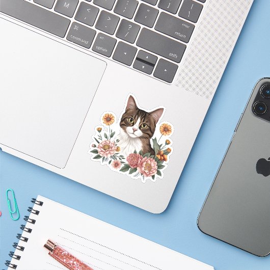 Sweet Tabby Katze mit Blume Aufkleber (Laptop mit iPhone)