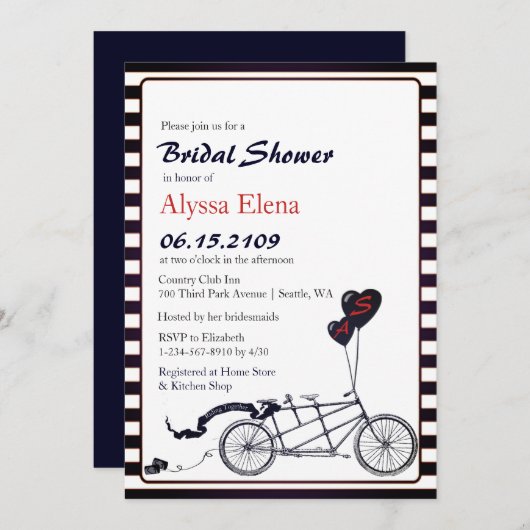 Sweet Tandem Bicycle Modernes Brautparty Einladung (Vorne/Hinten)