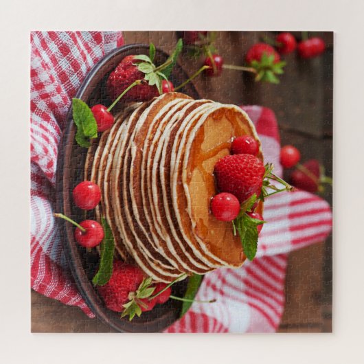 Sweet Tasty Syrup Pancakes Red Berries Food Rustic Puzzle (Horizontal)