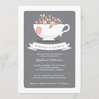 Sweet Teacup & Pink Floral Baby Dusche Einladung