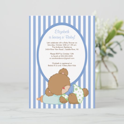 Sweet Teddy Bear Boy Baby Dusche Einladung (Stehend Vorderseite)
