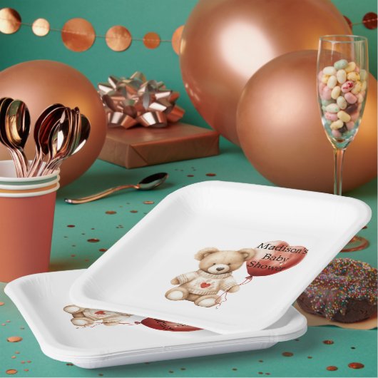 Sweet Teddy Bear Heart Balloon Babydusche Pappteller (Multi)