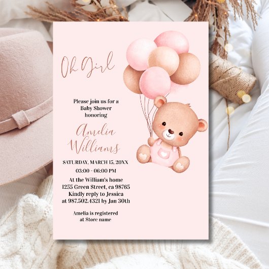 Sweet Teddy Bear Oh Girl Pink Balloon Babydusche Einladung