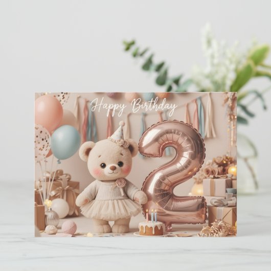 Sweet Teddy Bear Second Birthday Party Einladung (Stehend Vorderseite)
