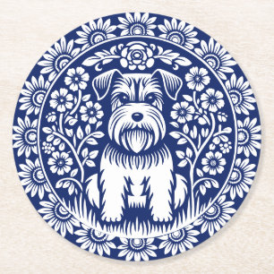Sweet Terrier Puppy Blue und White Vintag Floral Runder Pappuntersetzer