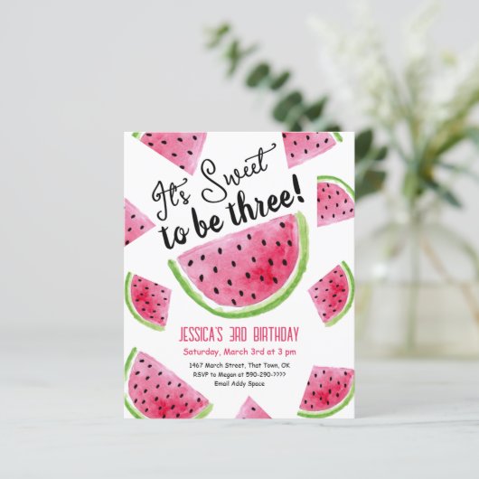 Sweet to be Three Melon Birthday Party Einladung (Stehend Vorderseite)