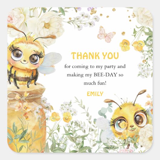 Sweet to Bee' Birthday Danke Quadratischer Aufkleber (Vorderseite)