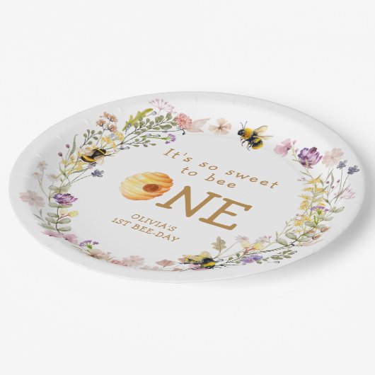 Sweet to Bee One Niedlich Honey Girl Erster Geburt Pappteller (Schrägansicht)