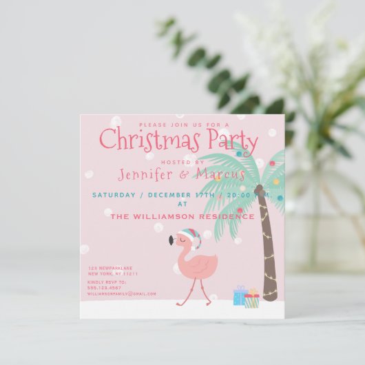 Sweet Tropical Santa Flamingo Christmas Party Einladung (Stehend Vorderseite)