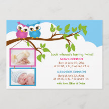 Sweet Twins Owl Girl Boy Foto Geburtsankündigung