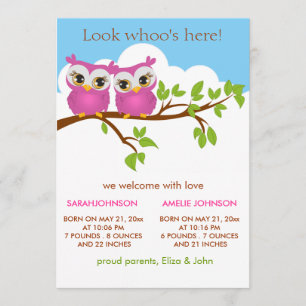 Sweet Twins Owls Baby Girl Geburtskarte Ankündigung