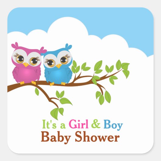 Sweet Twins Owls Boy Girl Babyaufkleber Quadratischer Aufkleber (Vorderseite)
