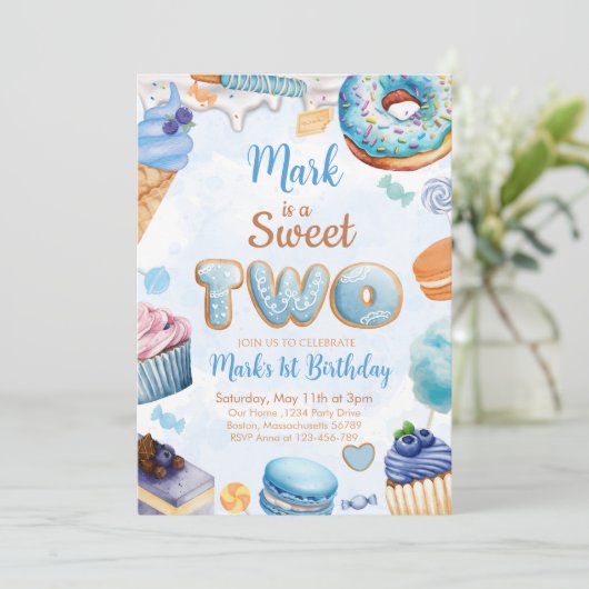 Sweet Two 2. Birthday Boy Einladung (Stehend Vorderseite)