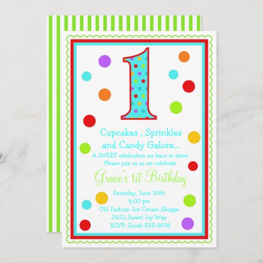 Sweet Überraschung 1. Geburtstag Einladung (Vorne/Hinten)