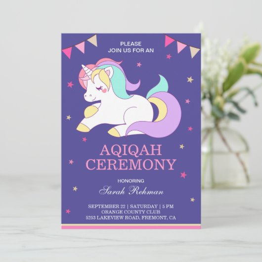 Sweet Unicorn Baby Girl Aqiqah Einladung (Stehend Vorderseite)