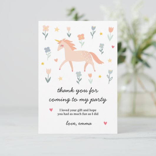 Sweet Unicorn Floral Flat Dankeskarte (Stehend Vorderseite)