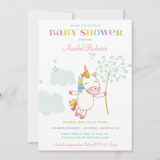 Sweet Unicorn Kinderdusche Einladung Löwenzahn (Vorderseite)
