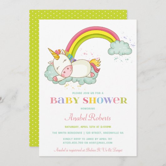 Sweet Unicorn Kinderdusche Einladung Regenbogen (Vorne/Hinten)
