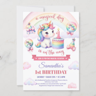 Sweet Unicorn Watercolor Pink Girl 1. Geburtstag Einladung