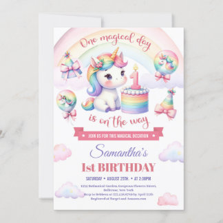 Sweet Unicorn Watercolor Pink Girl 1. Geburtstag Einladung