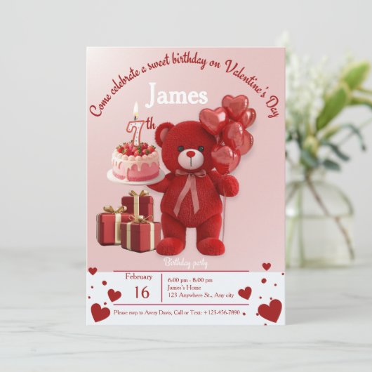 Sweet Valentine’s Birthday Invite – 7th Birthday Dankeskarte (Stehend Vorderseite)