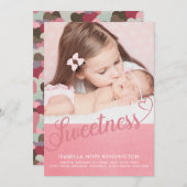 Sweet Valentine Typografy Baby Girl Birth Foto Ankündigung (Vorne/Hinten)
