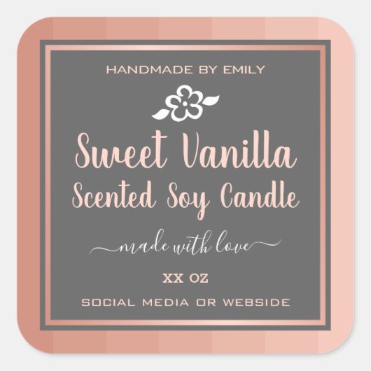 Sweet Vanilla Scented Soy Candles Labels Pink Grau Quadratischer Aufkleber (Vorderseite)