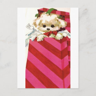 Sweet Vintage Christmas Puppy Bichon Lhasa Maltese Feiertagspostkarte